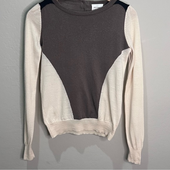 Sezane Virgin Wool Sweater Jumper Morgane Sezalory Small Tan Beige Colorblock - Picture 1 of 12